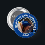 Badge Rond 5 Cm Blue Wrestling Team Photo High School Wrestler<br><div class="desc">This cool customized high school wrestler photo gift features white typography of your wrestling team on a blue button. Personalize with your athlete's photograph and class year as a proud sports parent. A mom and dad can wear these buttons to sports games.</div>