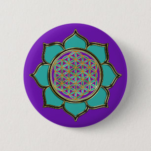 Badge Rond 5 Cm Blume des Lebens Lotus - türkis / violet