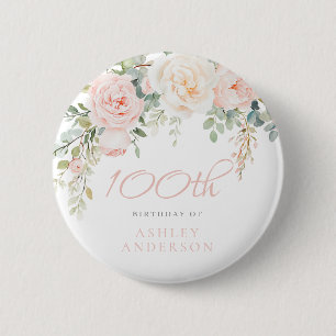Badge Rond 5 Cm Blush & Ivory Floral 100e fête d'anniversaire