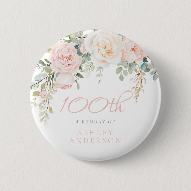 Badge Rond 5 Cm Blush & Ivory Floral 100e fête d'anniversaire (Devant)