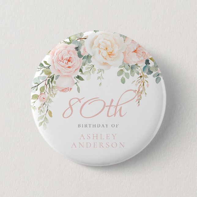 Badge Rond 5 Cm Blush & Ivory Floral 80e fête d'anniversaire (Devant)