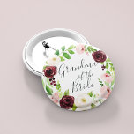 Badge Rond 5 Cm Blush Romance Grand-mère de la mariée<br><div class="desc">Identifiez les joueurs clés de votre douche nuptiale avec nos boutons floraux élégants et doucement chics. Bouton est doté d'une couronne d'aquarelle couleur marsala rose et bordeaux avec "grand-mère de la mariée" inscrite à l'intérieur en écriture manuscrite.</div>