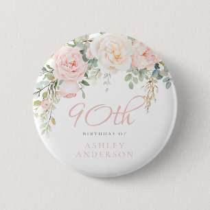 Badge Rond 5 Cm Blush & Sage Fleurs élégantes 90e fête d'anniversa