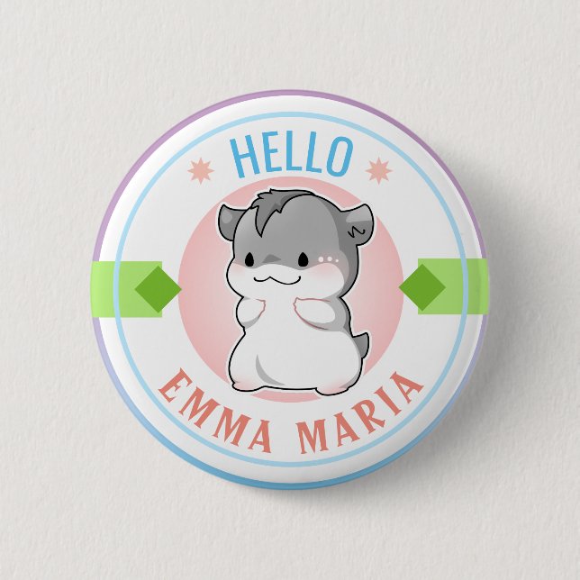 Badge Rond 5 Cm Blushing Chibi Hamster Nom personnalisable Bonjour (Devant)