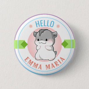Badge Rond 5 Cm Blushing Chibi Hamster Nom personnalisable Bonjour