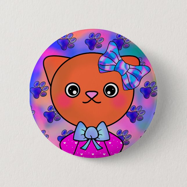 Badge Rond 5 Cm Blushing Kitty mignon Empreintes de pattes heureux (Devant)