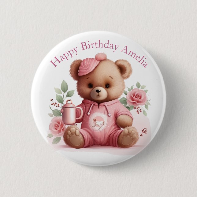 Badge Rond 5 Cm Boho Fille Ourson Rose Fleur Anniversaire  (Devant)