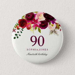 Badge Rond 5 Cm Boho rouge Bourgogne 90e fête d'anniversaire