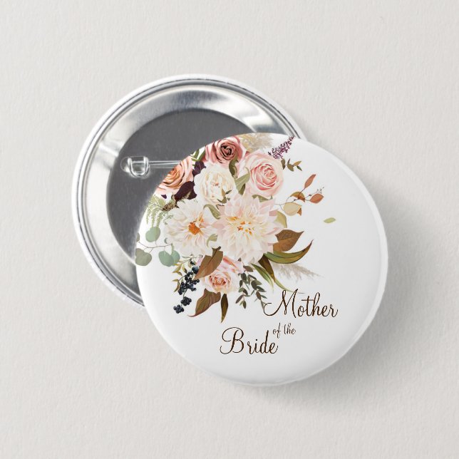 Badge Rond 5 Cm Boho Soft Coloured Rose/White Flowers Mariage (Devant & derrière)