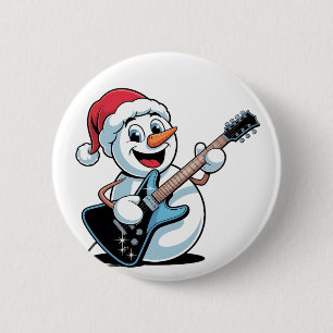 Badge Rond 5 Cm Bonhomme de neige jouant de la guitare électrique
