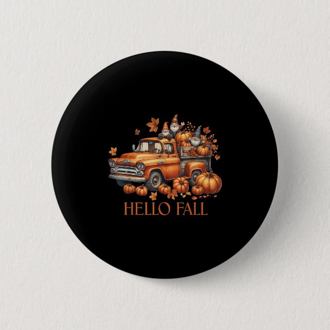 Badge Rond 5 Cm Bonjour Automne Citrouille Coupe Camion Gnome Arbr (Devant)