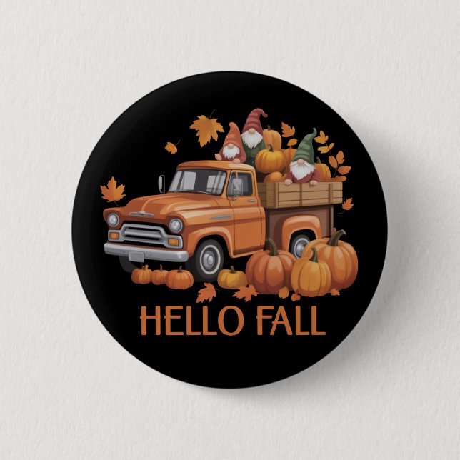 Badge Rond 5 Cm Bonjour Automne Citrouille Pickup Camion Gnome Aut (Devant)