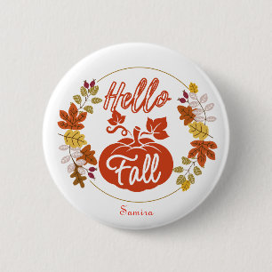 Badge Rond 5 Cm Bonjour Automne Feuilles Citrouille Thanksgiving N