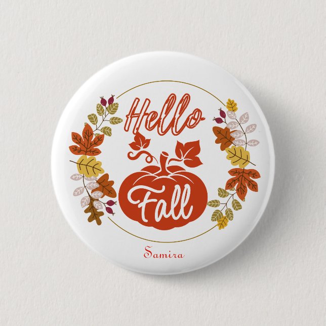 Badge Rond 5 Cm Bonjour Automne Feuilles Citrouille Thanksgiving N (Devant)