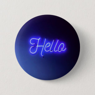 Badge Rond 5 Cm Bonjour Fun Neon Bleu Signal brillant et gai