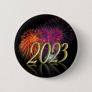 Badge Rond 5 Cm Bonne année 2023 Feux d'artifice en or