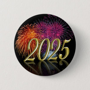 Badge Rond 5 Cm Bonne année Gold 2025 Fireworks