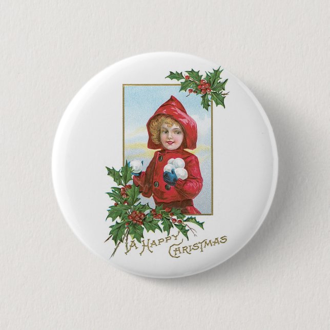 Badge Rond 5 Cm Bonne fille de Noël avec des boules de neige (Devant)