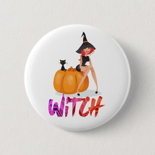 Badge Rond 5 Cm Bonne sorcière d'Halloween sur Citrouille