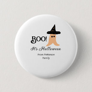 Badge Rond 5 Cm Boo c'est Halloween du nom de famille orange fantô