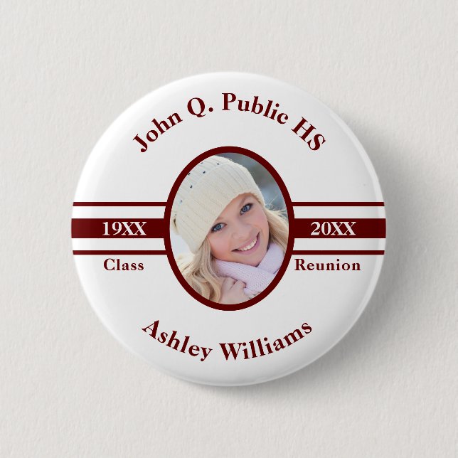 Badge Rond 5 Cm Bordeaux | White School Class Reunion Nom photo (Devant)