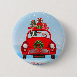 Badge Rond 5 Cm Border Collie Dog In Car With Santa Claus 