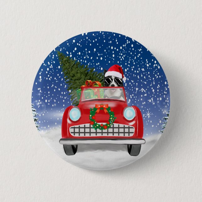 Badge Rond 5 Cm Bordure Collie Chien Conduite Voiture En Neige Noë (Devant)