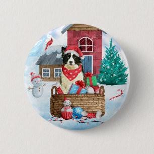 Badge Rond 5 Cm Bordure Collie Chien dans la neige Maison de Chien