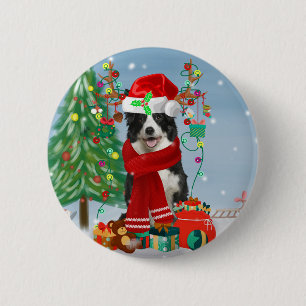 Badge Rond 5 Cm Bordure Collie chien dans Neige avec cadeaux de No