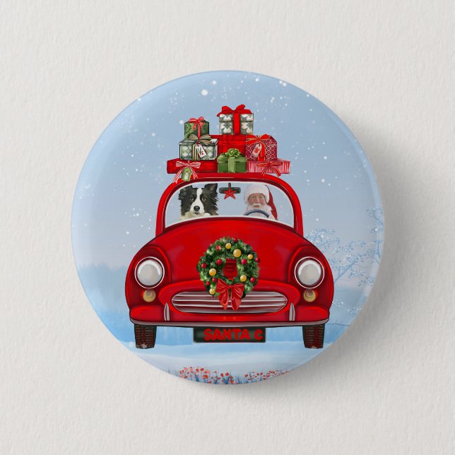 Badge Rond 5 Cm Bordure Collie Chien En Voiture Avec Le Père Noël (Devant)