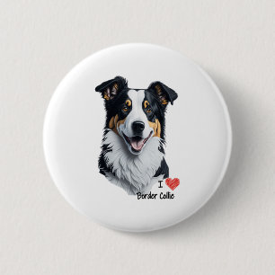 Badge Rond 5 Cm Bordure Collie face (avec le texte I Love)