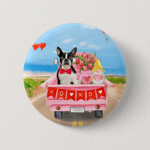 Badge Rond 5 Cm Boston Terrier Chien Valentine's Day Truck Hearts