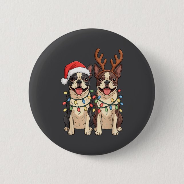 Badge Rond 5 Cm Boston Terrier Christmas Santa Hat Reindeer Lights (Devant)