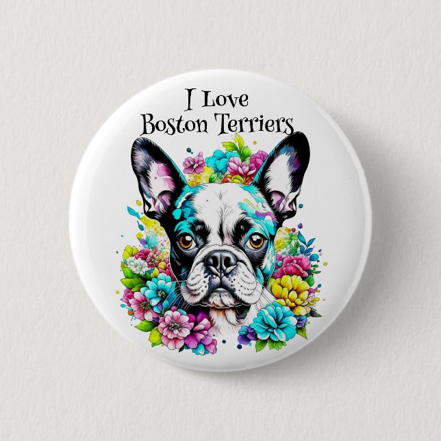 Badge Rond 5 Cm Boston Terrier et Fleurs (Devant)