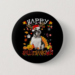 Badge Rond 5 Cm Boston Terrier Halloween Chien de Noël Happy Hallo