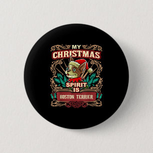 Badge Rond 5 Cm Boston Terrier Mon esprit de Noël Chien Père Noël