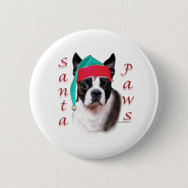 Badge Rond 5 Cm Boston Terrier Père Noël Paws (Devant)