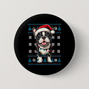 Badge Rond 5 Cm Boston Terrier Père Noël Xmas Lumières arbre Bosti