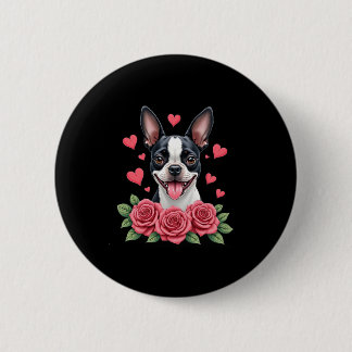 Badge Rond 5 Cm Boston Terrier with Red Roses Hearts Valentine�s D