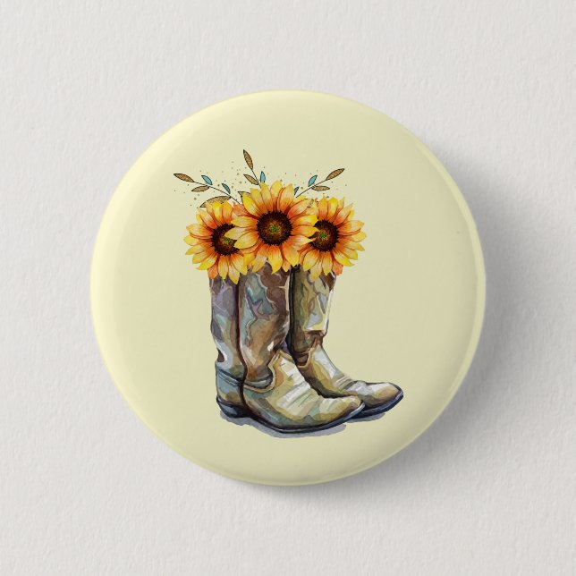 Badge Rond 5 Cm Bottes rustiques Cowboy avec tournesol (Devant)