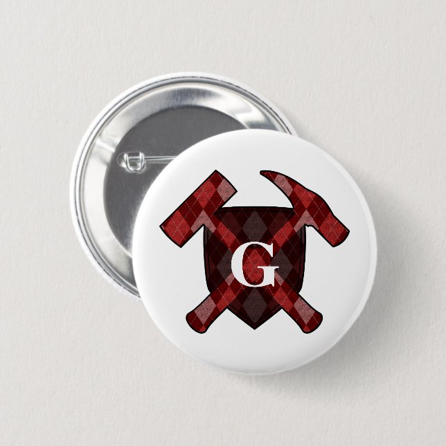 Badge Rond 5 Cm Bouclier Marteau de Roche - Monogramme Argyle Roug (Devant & derrière)