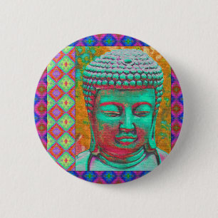 Badge Rond 5 Cm Bouddha Pop avec des bordures en Patchwork en bleu
