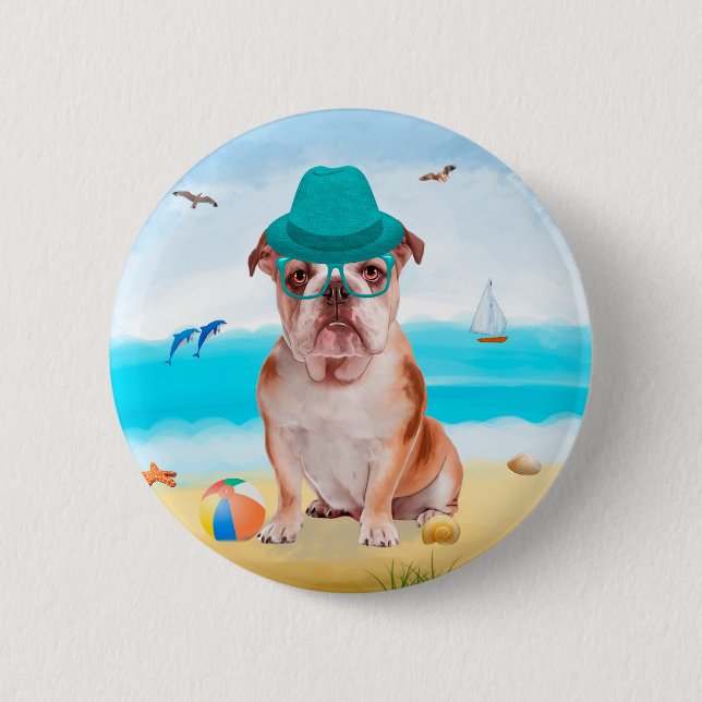 Badge Rond 5 Cm Bouledogue anglais sur la plage (Devant)