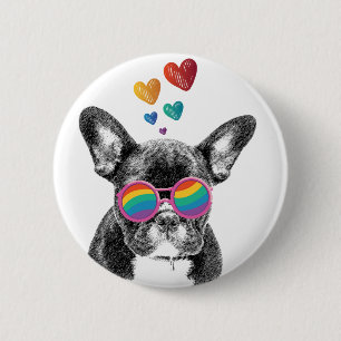 Badge Rond 5 Cm Bouledogue français avec coeurs Saint-Valentin