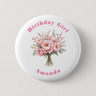 Badge Rond 5 Cm Bouquet de fleurs de pivoine rose pour la fille d'