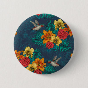 Badge Rond 5 Cm Bouquet et colibris tropicaux
