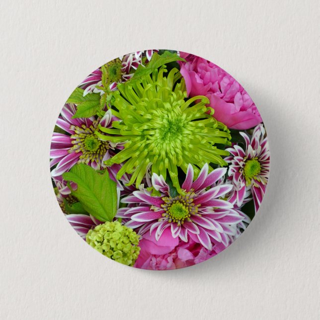 Badge Rond 5 Cm Bouquet floral rose et vert (Devant)