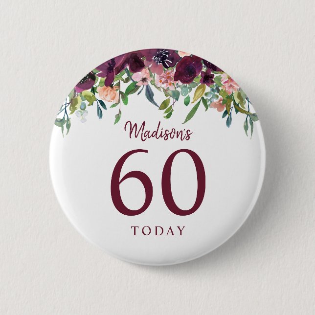 Badge Rond 5 Cm Bourgogne Marsala Floral 60e Anniversaire 60 Aujou (Devant)