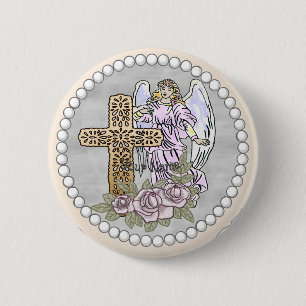 Badge Rond 5 Cm Bouton Ange Chrétien Mes Roses Croix
