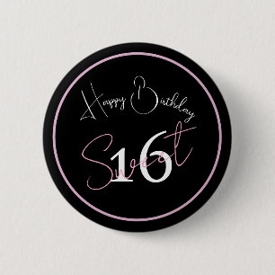 Badge Rond 5 Cm Bouton anniversaire 16 ans Rose Noir Minimaliste M